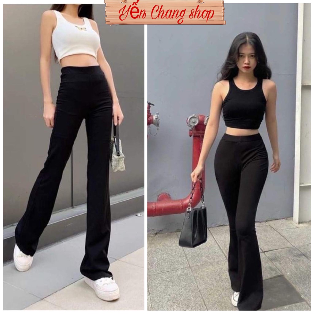 Quần Lengging Ống Loe Nữ Màu Đen Cạp Siêu Cao Chất Vải Tuyết Mưa Mịn Mát Co Dãn Bốn Chiều Siêu Hack Dáng