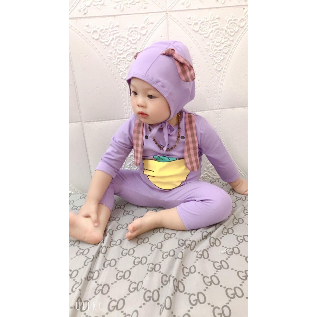 Quần áo bé sơ sinh bé trai bé gái dài tay hình cà rốt kèm mũ tai thỏ chất thun lạnh cho bé từ 6kg đến 16kg