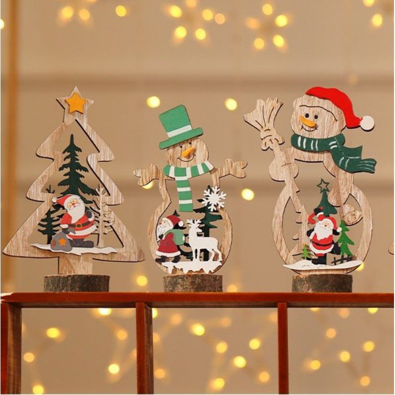 Bộ 3 mô hình gỗ cắt lazer để bàn hình cây thông, người tuyết trang trí Giáng Sinh / Noel / Christmas