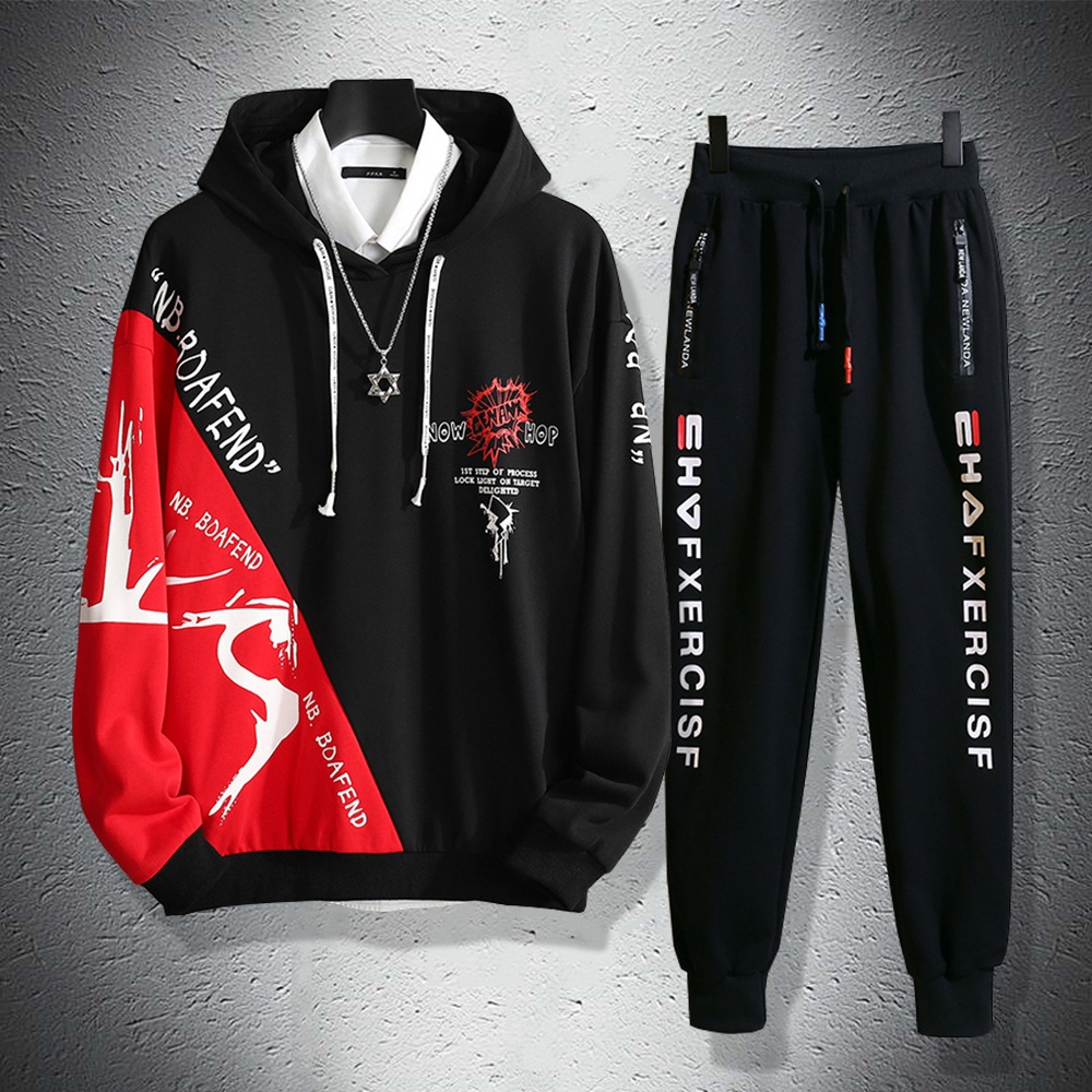 Bộ Quần Áo Nỉ Hoodies Nam Phối Hai Màu Cá Tính Quần In Họa Tiết Trẻ Trung Thời Trang Thu Đông SET NAM 9000084