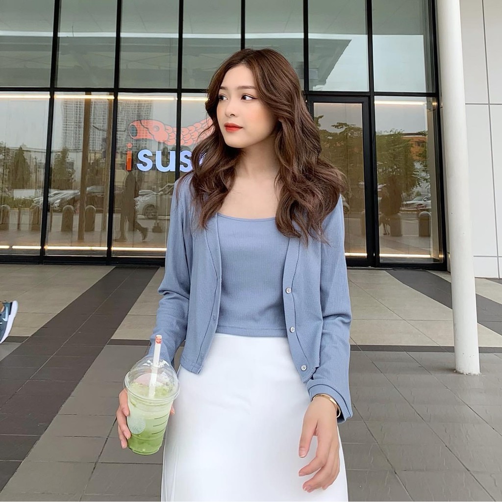 Set áo thun nữ croptop. cardigan tay dài có nút cài vải thun cao cấp nhiều màu - Cardigan Croptop - Tyribee Clothing