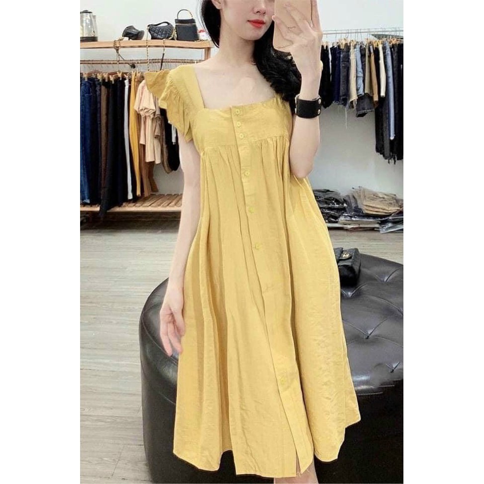 Đầm bầu suông chất đũi tay cánh tiên váy dáng dài đính cúc xếp ly form rộng