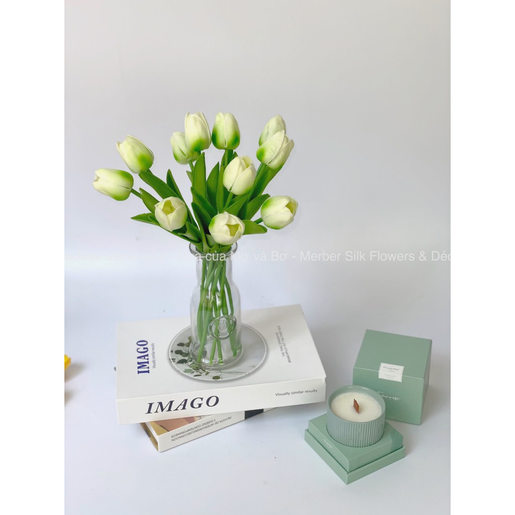 Hoa Lụa Tulip Lá Thẳng Nhiều Màu Merber (Mơ &amp; Bơ) BôngTulip Giả Cao Cấp Decor Trang Trí Trong Nhà, Phòng Khách, Để Bàn