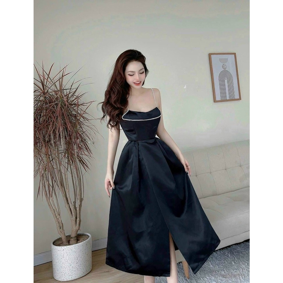 Đầm váy nữ tapta phối 2 dây giả đá  chân váy sẻ tà tôn dáng trẻ trung sang trọng thanh lịch siêu xinh