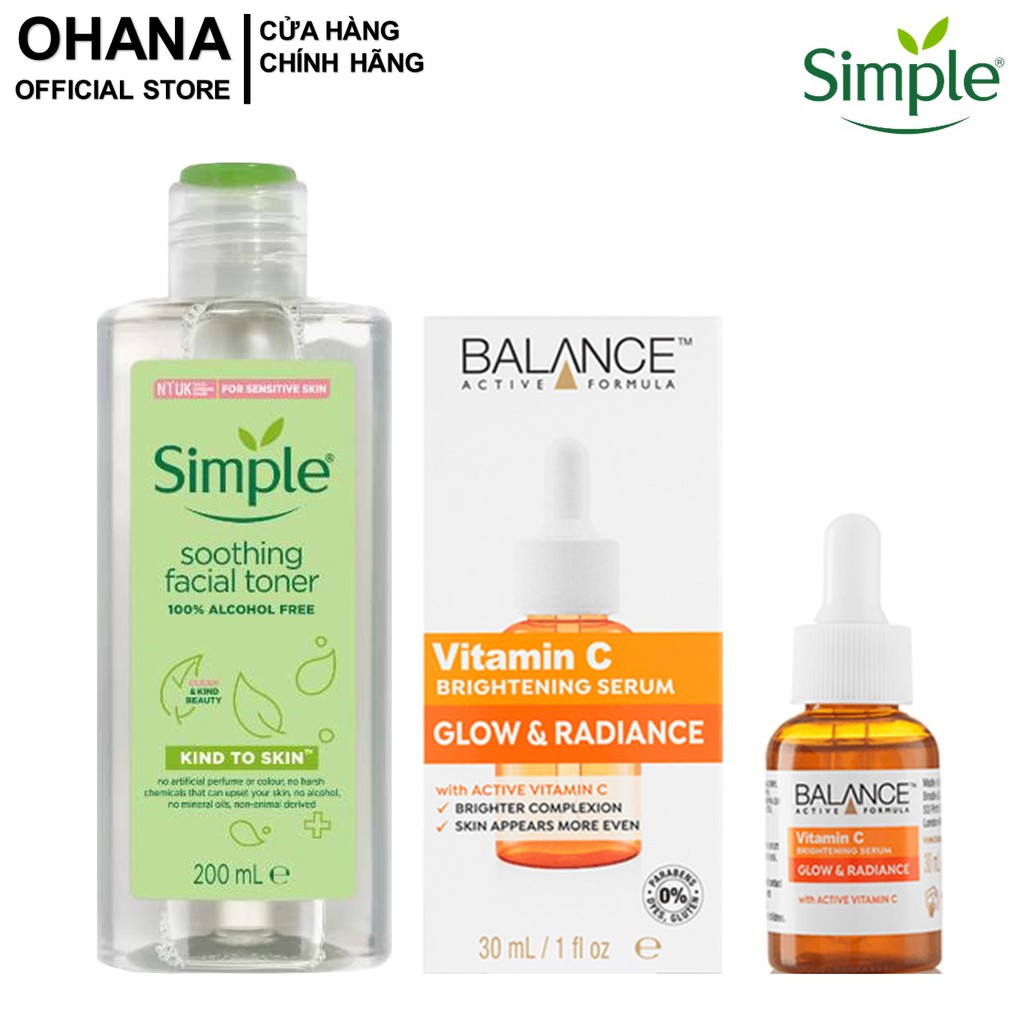 Combo Nước Hoa Hồng Không Cồn Simple Toner 200ml Và Tinh Chất Dưỡng Trắng Da Balance Vitamin C Brightening Serum 30ml | BigBuy360 - bigbuy360.vn