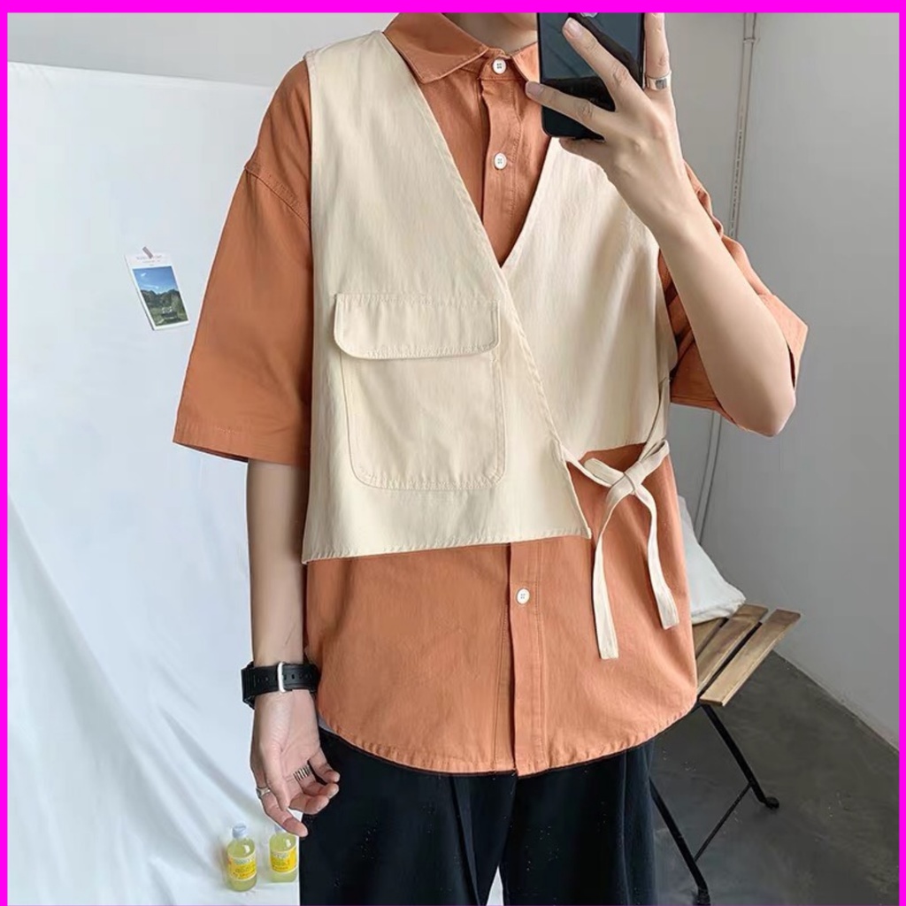 Áo sơ mi kèm Ghi lê nam kiểu dáng thanh lịch nhẹ nhàng phong cách Hồng Kông 2021