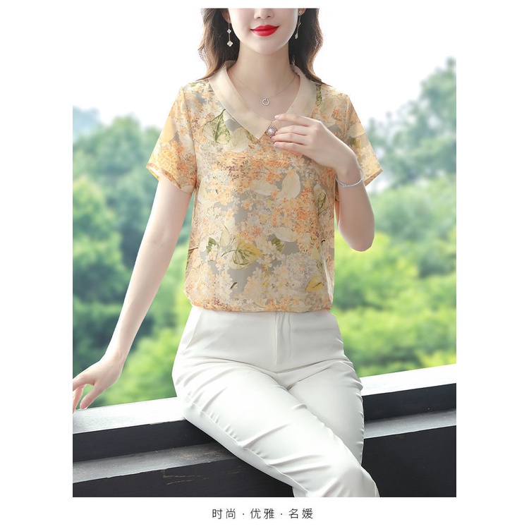 Áo Sơ Mi chiffon Cổ Búp Bê In Họa Tiết Hoa Thời Trang Mùa Hè Cho Nữ Trung Niên