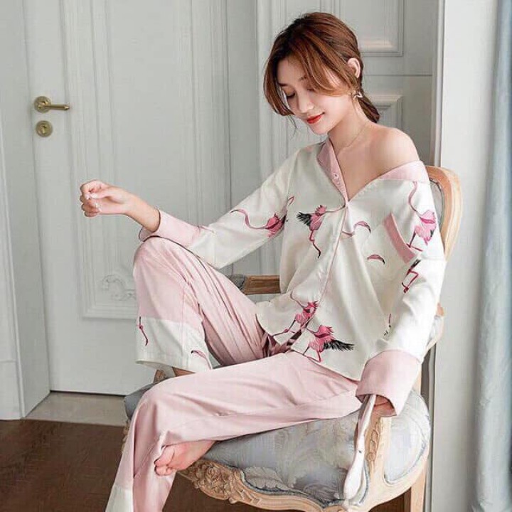 [FREE SHIP] Đồ ngủ Pijama lụa💖Bộ lụa satin hoạ tiết Hạc Trắng mát lịm [HÀNG SIÊU ĐẸP]