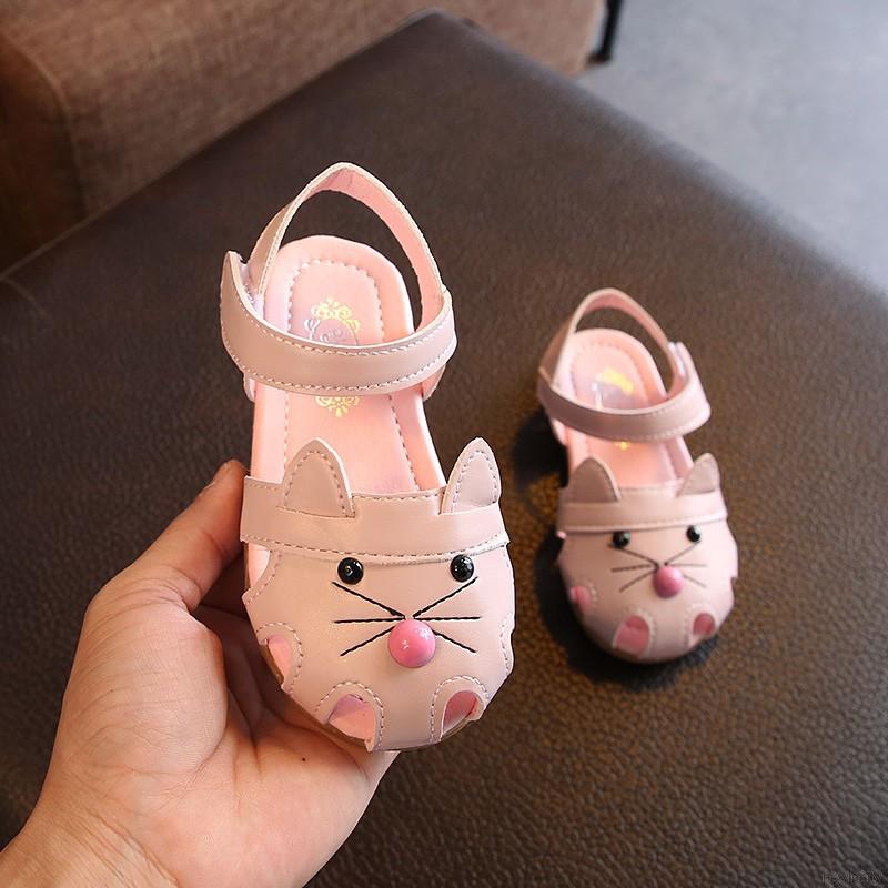 Giày sandal tập đi bằng da PU , họa tiết mèo cho bé gái