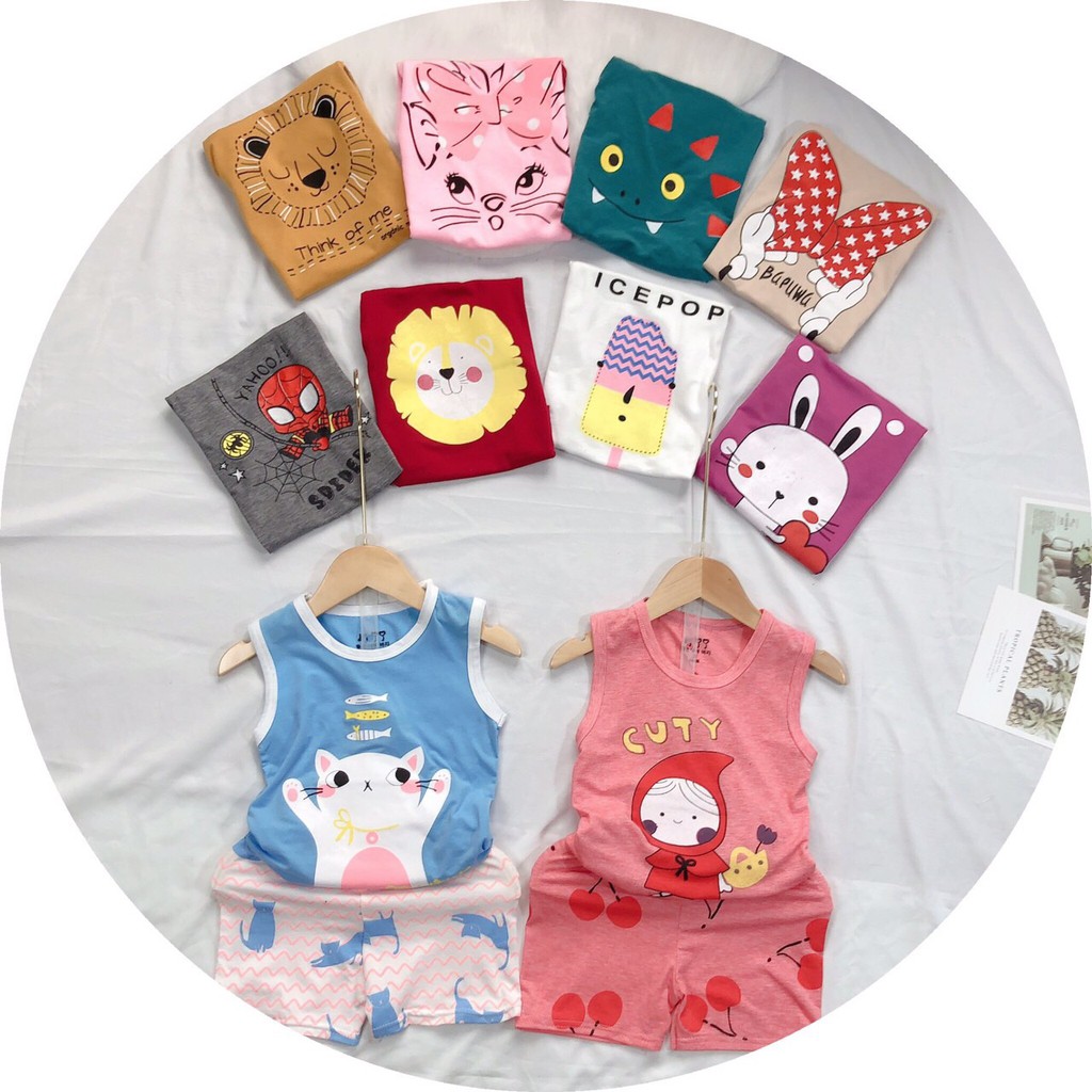 [Rẻ Vô Địch] Bộ Quần Áo Ba Lỗ Cotton Cho Bé Trai Và Bé Gái Hình Dễ Thương Từ 7 -18Kg Chất Siêu Mát