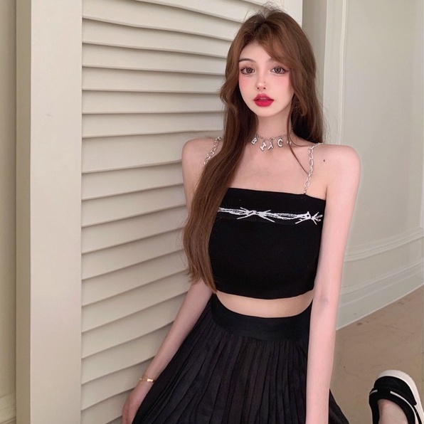 Áo Dệt Kim Hai Dây In Họa Tiết Xinh Xắn Dành Cho Nữ