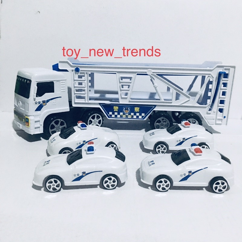 Đồ chơi ô tô, xe police to chở 4 xe nhỏ. Thiết kê 2 tầng để đựng xe nhỏ, chạy lực đà, kích thước 33cm x 6,5cm