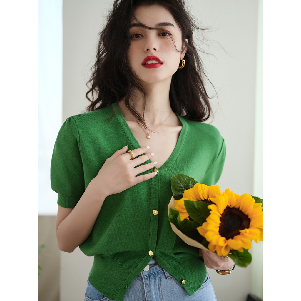 Out of QUE H4477 ronron Áo Cardigan Dệt Kim Tay Ngắn Phồng Cổ Chữ v Dáng Ôm Thời Trang Mùa Hè 2022