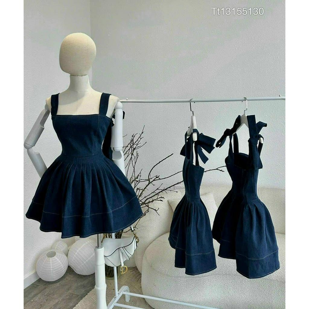 Đầm váy jean demin 2 dây cột nơ dáng xoè  siêu xinh Gs0135
