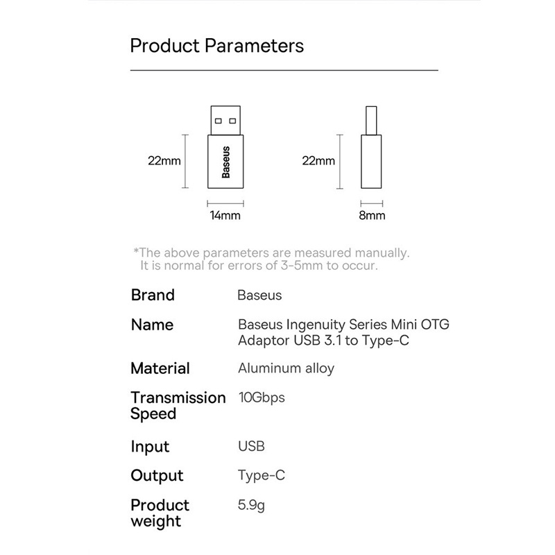 Đầu Chuyển Đổi OTG Mini BASEUS USB sang Type-C cao cấp thích hợp máy tính laptop với cổng USB 3.1