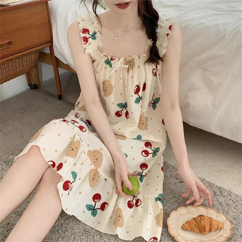 váy ngủ mặc nhà dễ thương kiểu mới hai dây bản to nhún bèo nữ tính 2022 | BigBuy360 - bigbuy360.vn