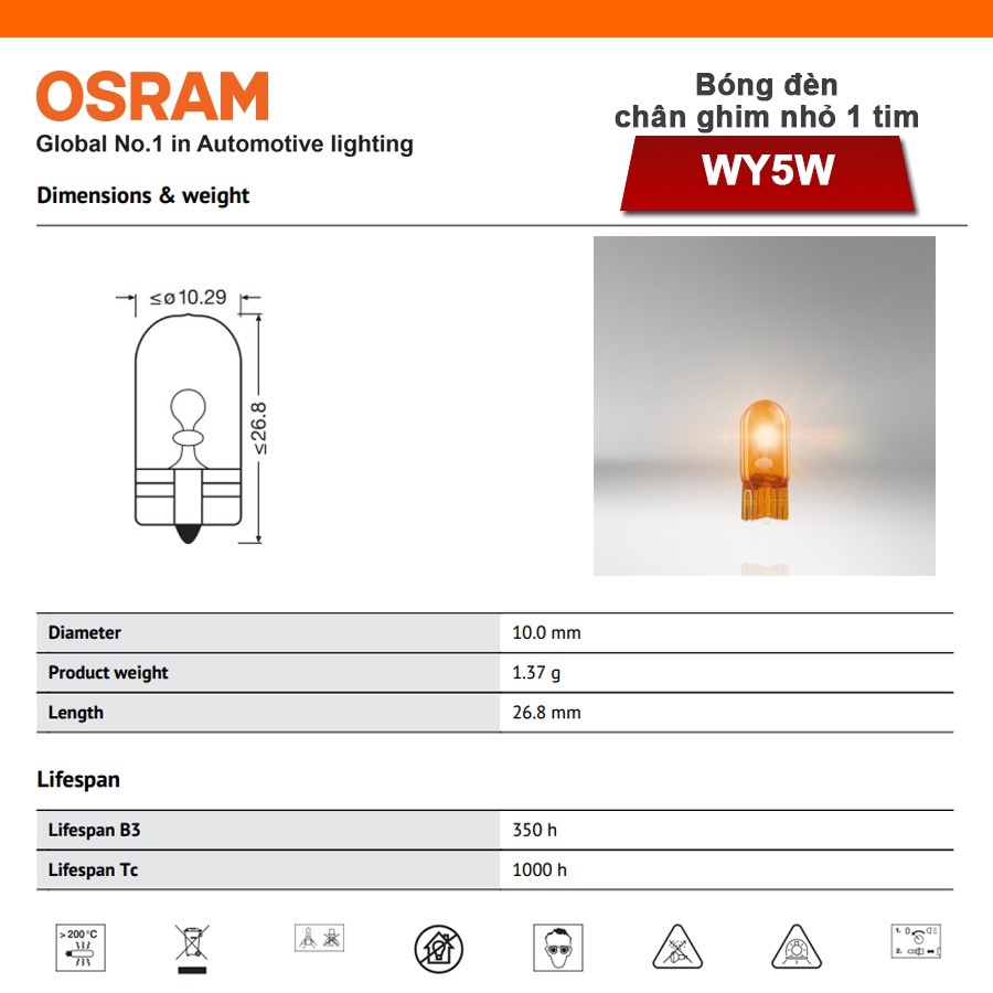 Combo 2 Bóng Đèn Chân Ghim Nhỏ 1 Tim OSRAM Original T10 WY5W 12V 5W Màu Vàng - Nhập Khẩu Chính Hãng