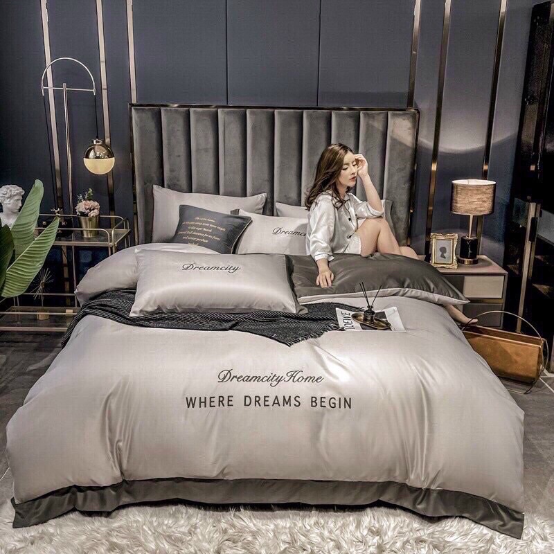 Set Phi Lụa Dream City 5 món chăn ga gối đơn sắc phối 2 màu hàng nhập khẩu sang trọng  để
