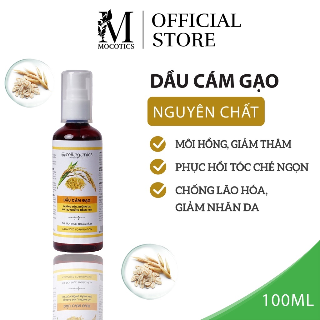 Dầu cám gạo nguyên chất giúp môi hồng, giảm thâm, phục hồi tóc chẻ ngọn và giảm nhăn da Mocotics 100ml