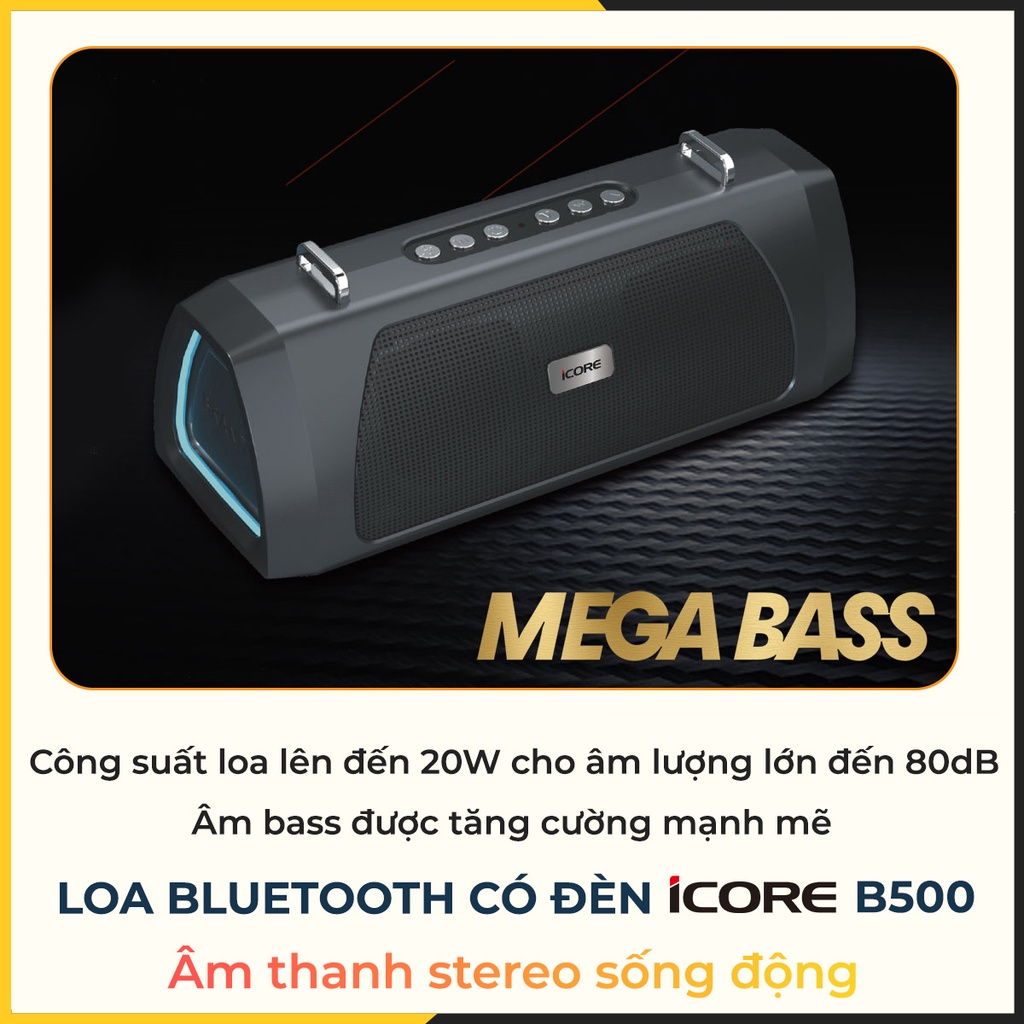 Loa bluetooth chính hãng 20w bass mạnh - Loa Bluetooth có đèn iCore B500