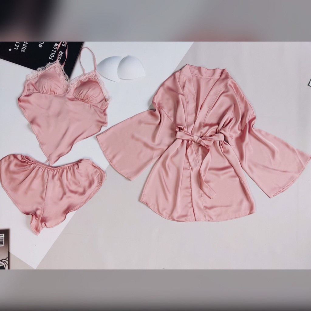 [𝐅𝐫𝐞𝐞 𝐒𝐡𝐢𝐩] Set ngủ lụa 3 món cao cấp MunMunStore áo choàng kimono + Yếm + quần mềm mại quyễn rũ ( phom dưới 62kg)
