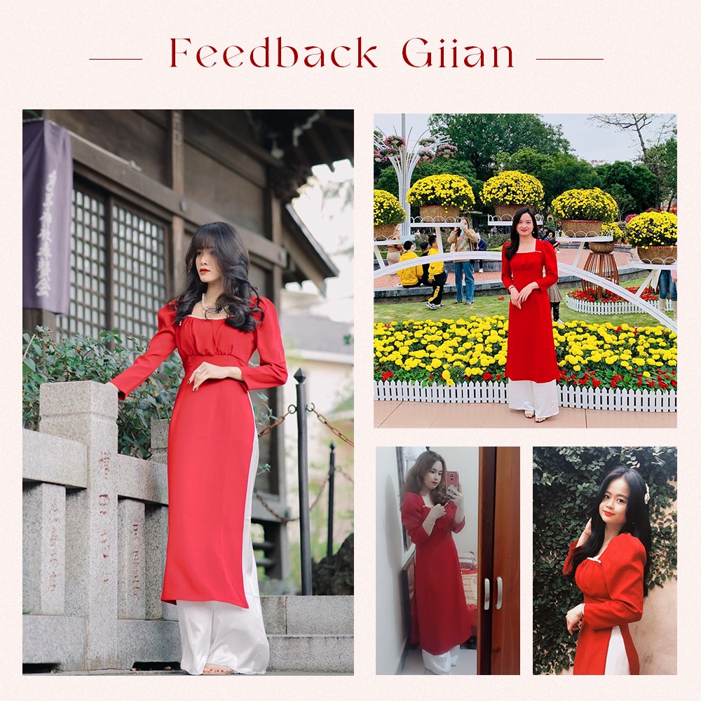 Áo dài cách tân nữ cổ vuông tay bồng thiết kế đính ngọc nhún ngực cách điệu chính hãng Giian - GAD329
