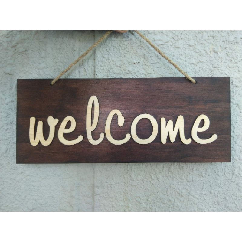 Bảng gỗ dán chữ gỗ 1 mặt nội dung "welcome" font xinh xắn + kèm dây treo - LUMY Wood Deco