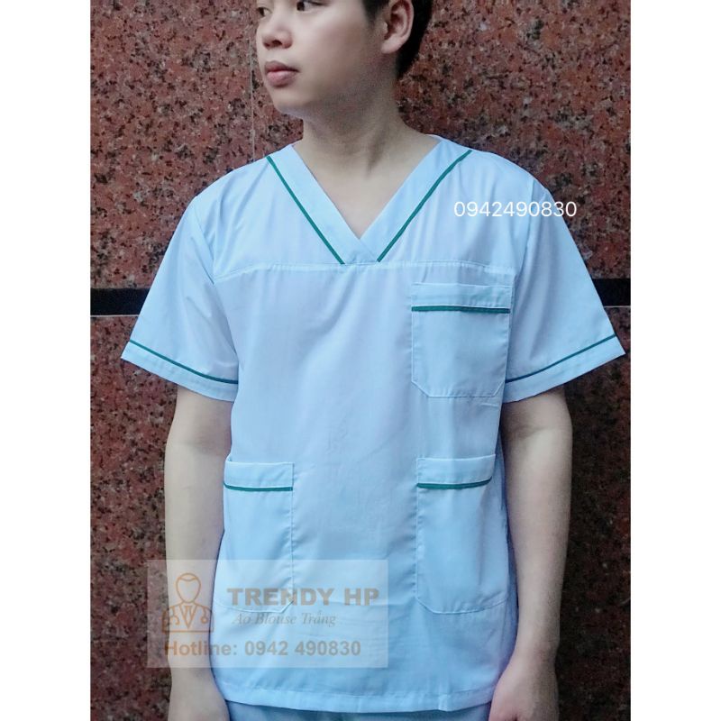 Bộ quần áo blouse trắng cổ tim viền xanh lá - bộ scrubs blu bác sỹ, dược sỹ, điều dưỡng, spa cổ chữ V viền xanh lá