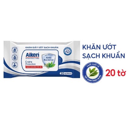 Aiken Khăn Ướt Sạch Khuẩn Chiết Xuất Trà Xanh -- Tinh Chất Bạc Hà 20 Tờ