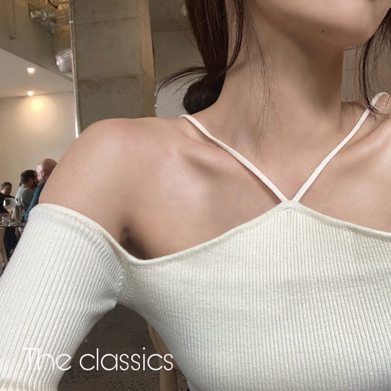 Áo Dệt Kim Trễ Vai Màu Trơn Phong Cách Hàn Quốc Dành Cho Nữ
