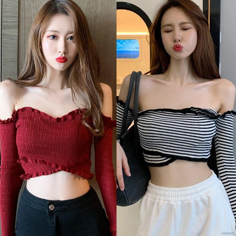 Áo kiểu crop top dệt kim tay dài trễ vai ôm dáng quyến rũ dành cho nữ