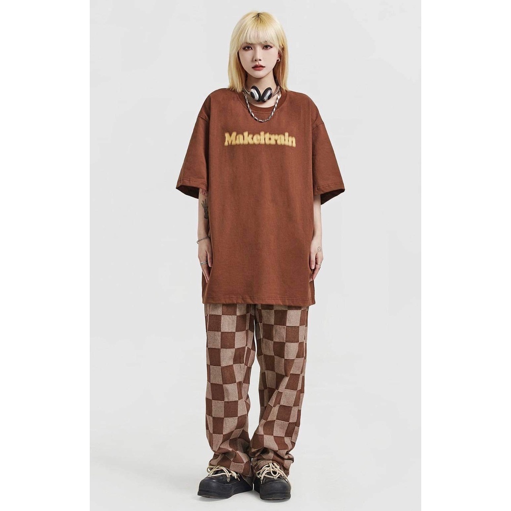 Set Đồ bộ nữ Áo Thun Dáng rộng In chữ MaKeiTrain Kèm Quần Caro Dáng Suông