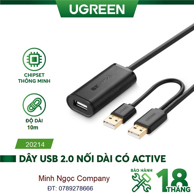 Dây nối dài USB 2.0 dài 10m có chíp khuyếch đại, hỗ trợ nguồn USB, Ugreen 20214 US137 - Hàng Chính Hãng