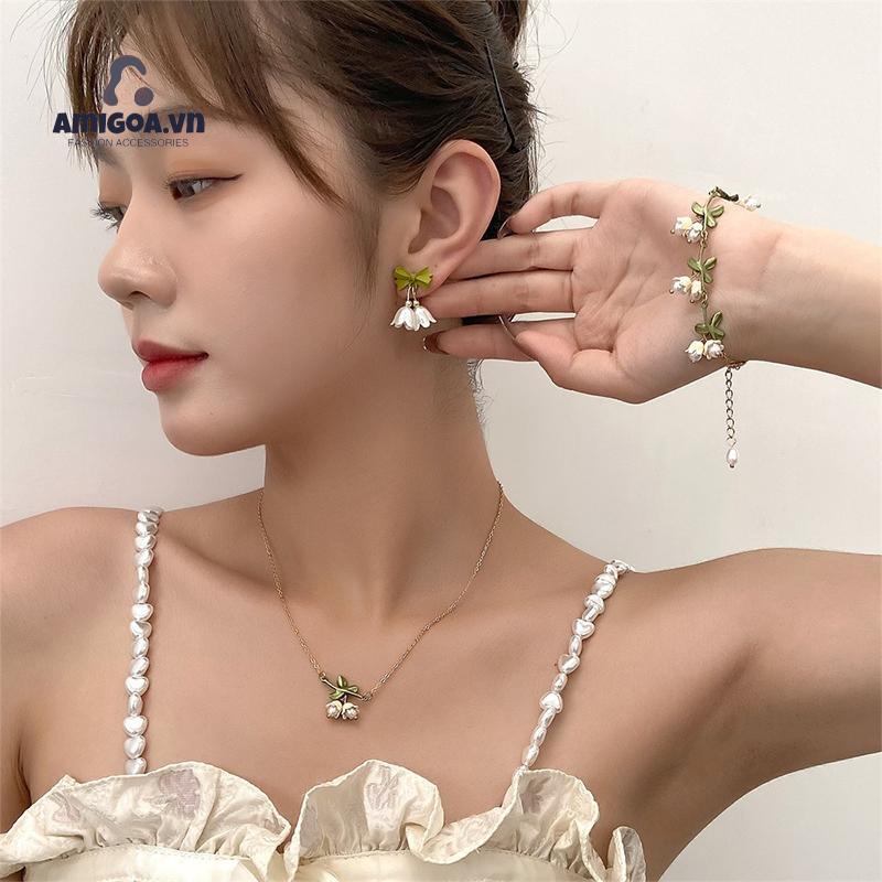 ✨✨Bộ Trang Sức Vòng Cổ Bông Tai Vòng Tay Ngọc Trai Hình Hoa Lan Mùa Xuân Cho Nữ