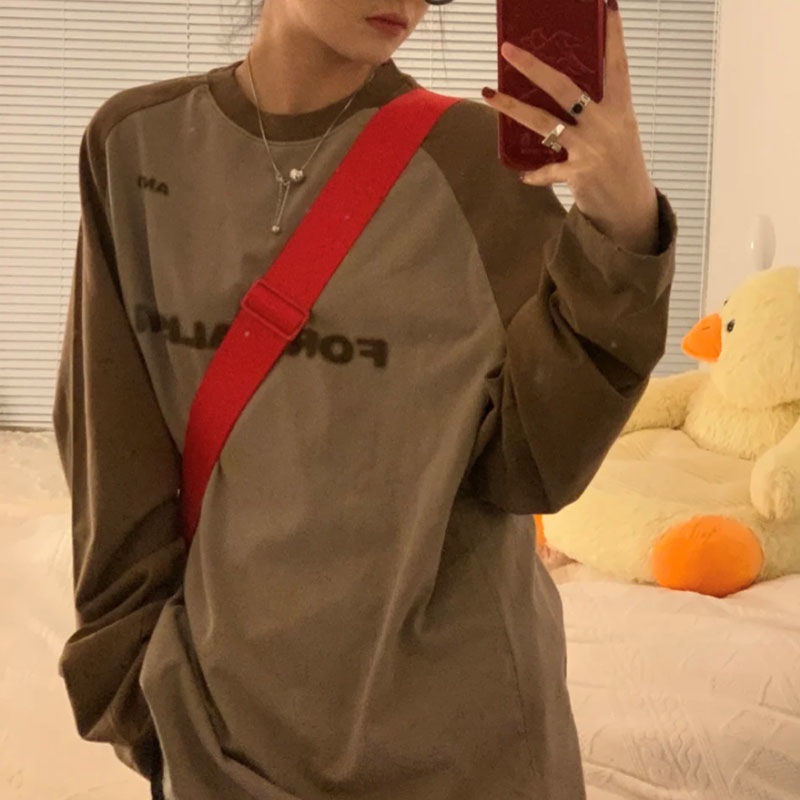 Bán Chạy!Áo Thun 100% Cotton Tay Dài Cổ Tròn In Chữ Phong Cách Retro Mỹ