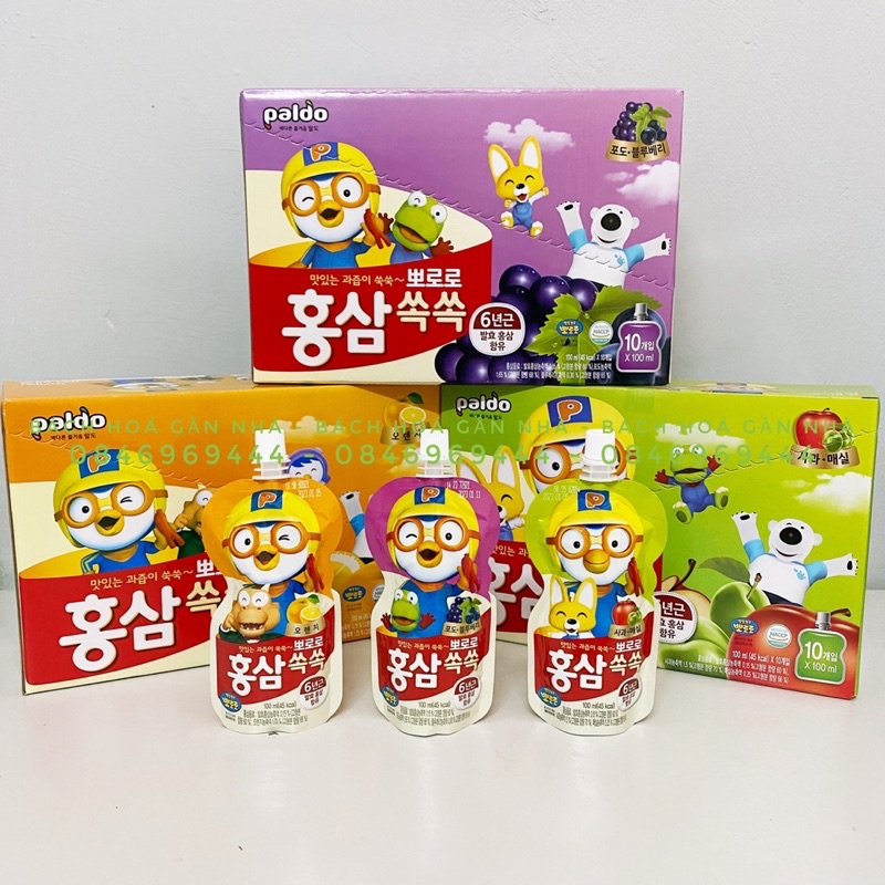 Hộp 10 túi nước Hồng sâm trái cây Pororo Hàn Quốc túi 100ml