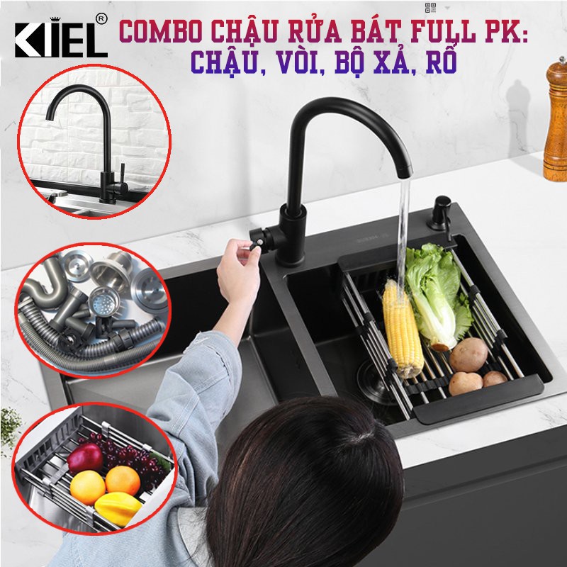 Chậu rửa bát chén 2 hố inox 304 phủ nano đen hàng nhập khẩu chính hãng TAM HIỆP STORE- bảo hành 24 tháng.