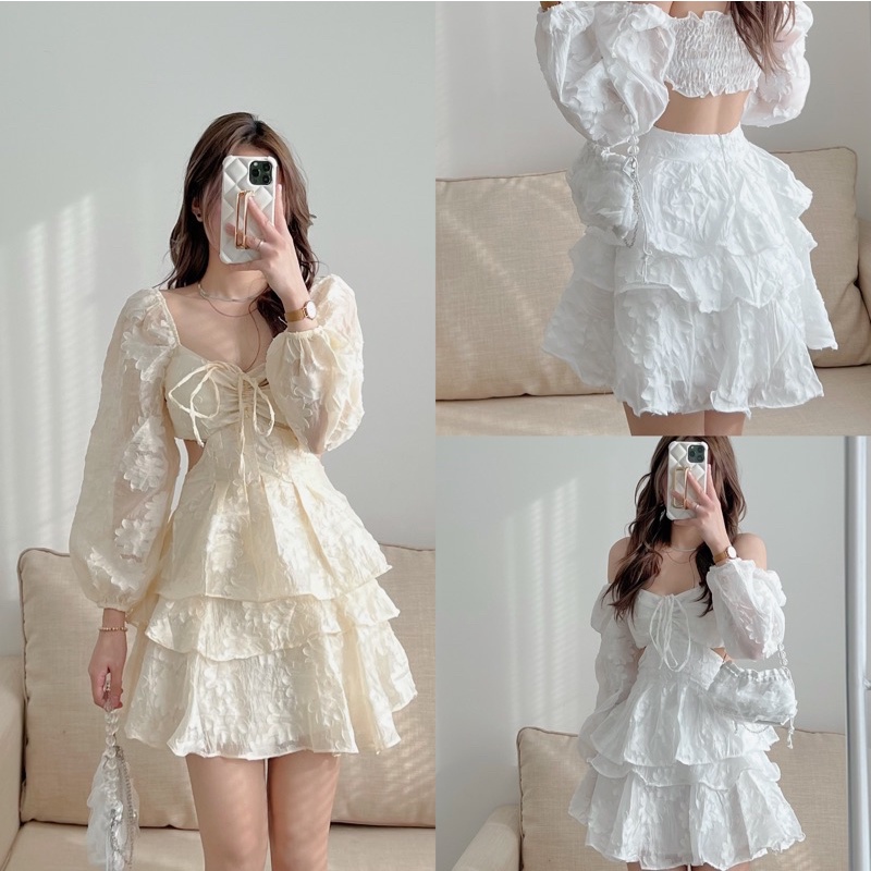 VÁY-ĐẦM THIẾT KẾ REN HOA NỔI THIÊN NGA CUTOUT eo bèo tầng chun lưng tiểu thư