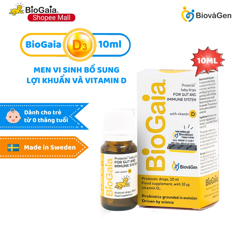 Men vi sinh BioGaia ProTectis Drops Vitamin D3 cải thiện hệ tiêu hóa Thụy
