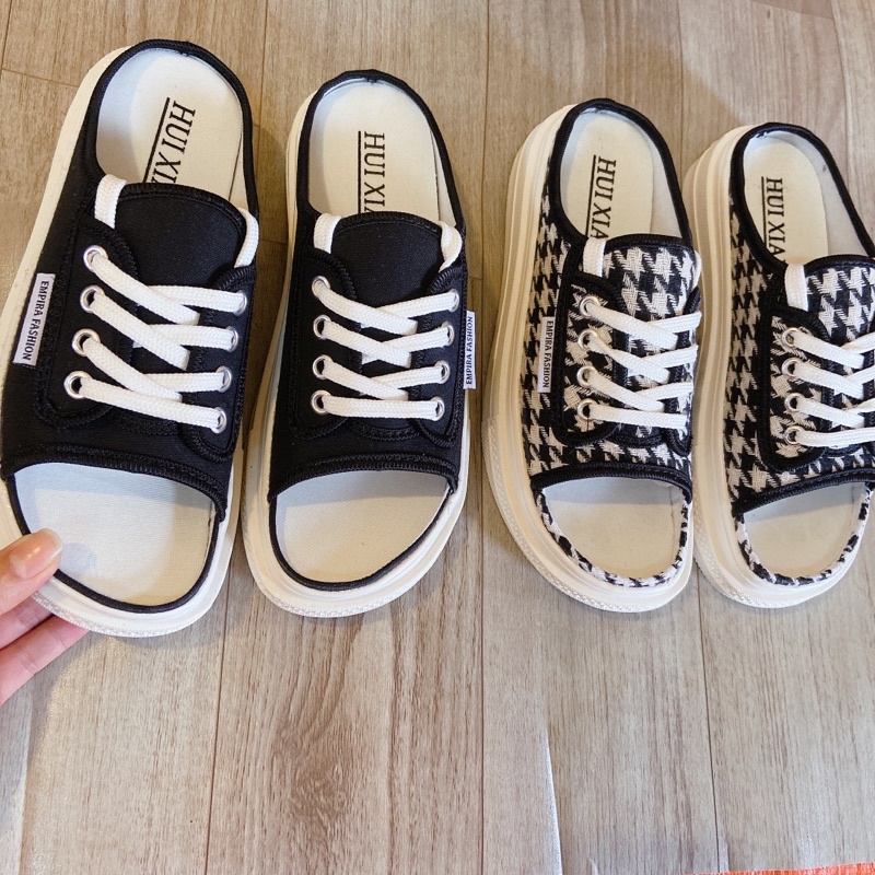 Giày lười nữ dáng sục hở ngón/sneaker đế 2cm siêu cute.