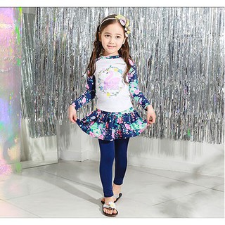 Đồ bơi bé gái tay dài quần dài liền váy hình hạc hồng cho bé gái