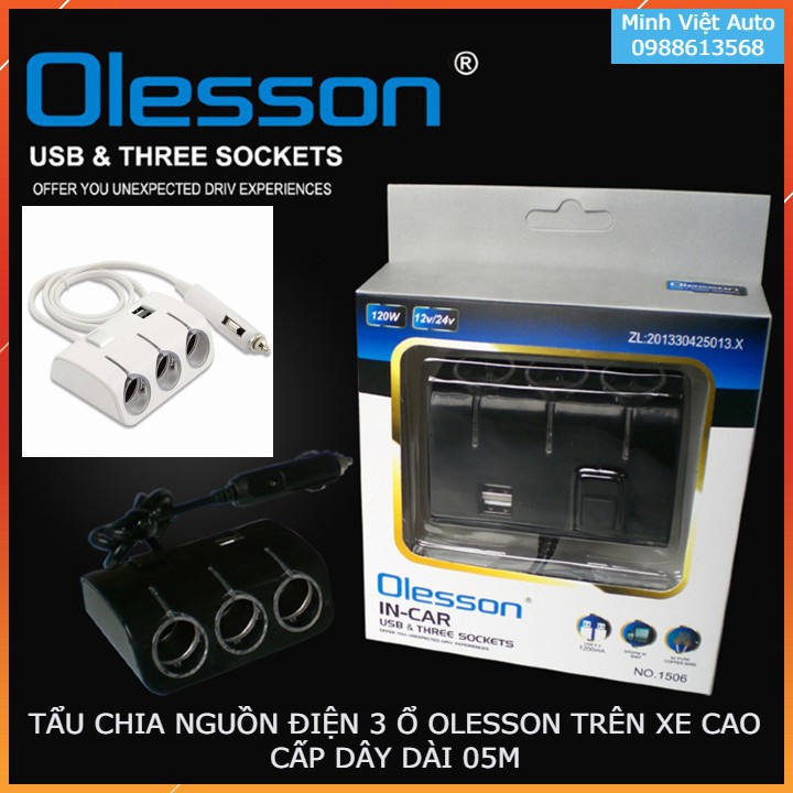 Tẩu chia sạc ô tô,Tẩu chia nguồn 3 ổ và 2 USB hàng cao cấp Olesoon có cầu chì bảo vệ điện an toàn