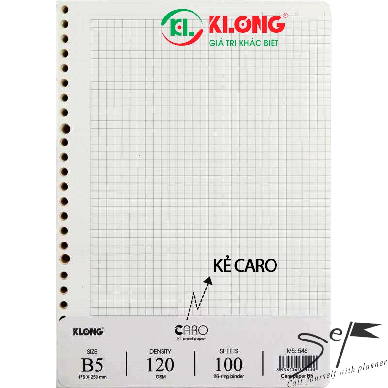 Ruột giấy Klong refill sổ còng Caro, chấm bi 26 lỗ B5 - 100 tờ định lượng 120gsm, planner, bullet journal; MS: 546/547