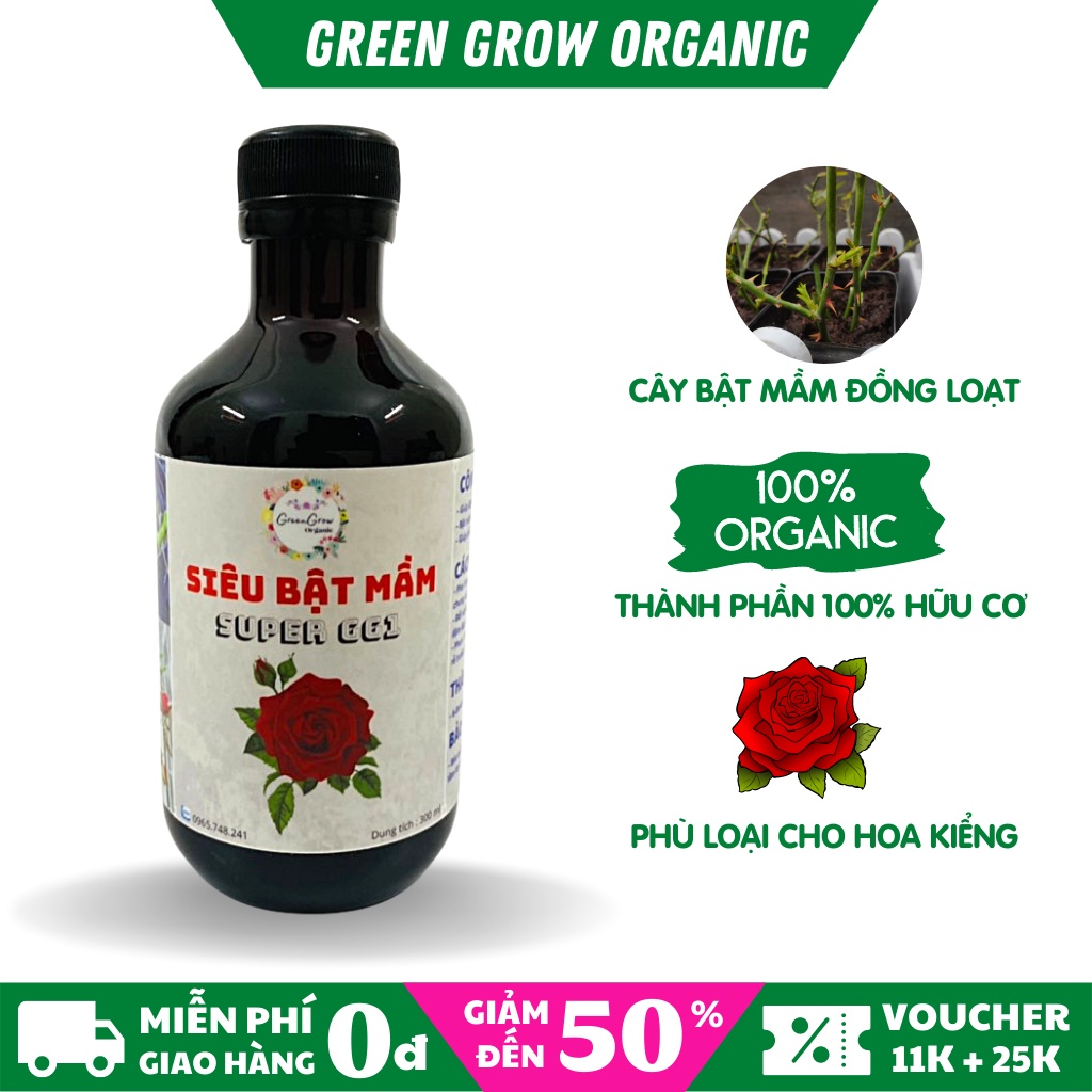 Phân bón lá siêu kích mầm 300ml Green Grow Organic, giúp kích mầm đồng loạt cho hoa hồng, kích kie hoa lan MS118