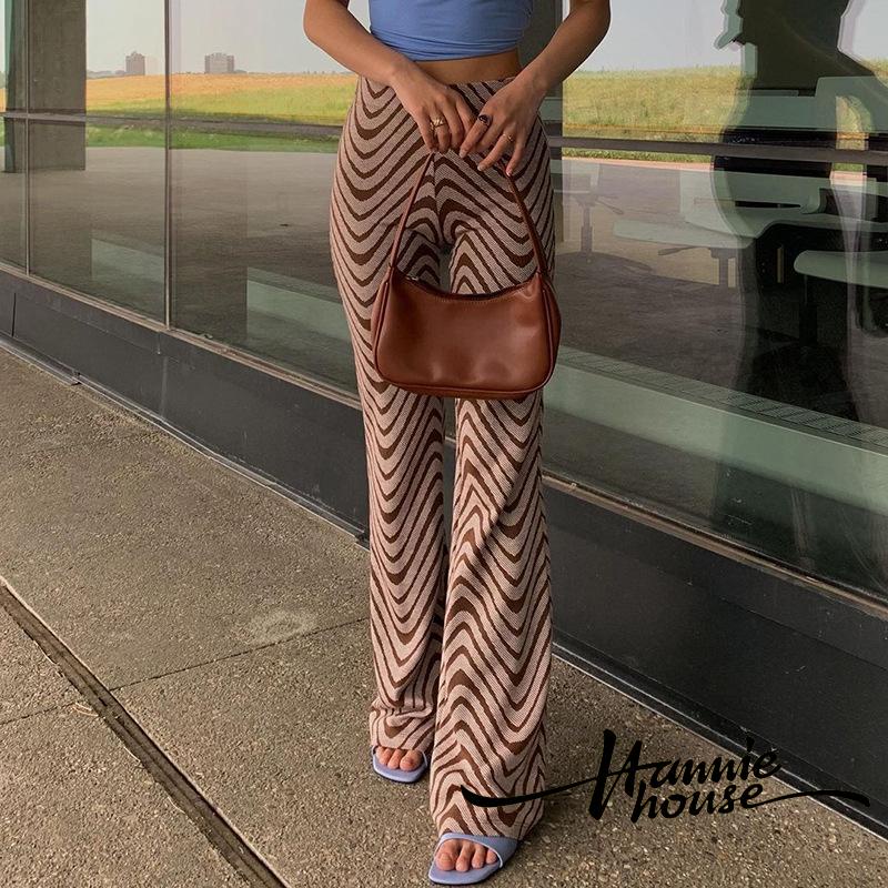 Quần ống loe lưng cao in họa tiết sọc gợn sóng màu nâu cho nữ