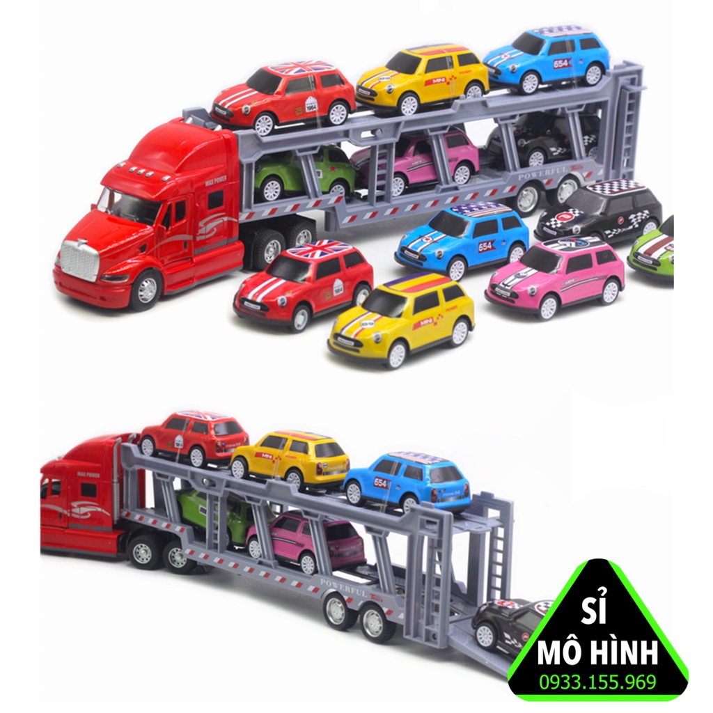 Bộ mô hình xe container vận chuyển 6 ô tô con bằng kim loại