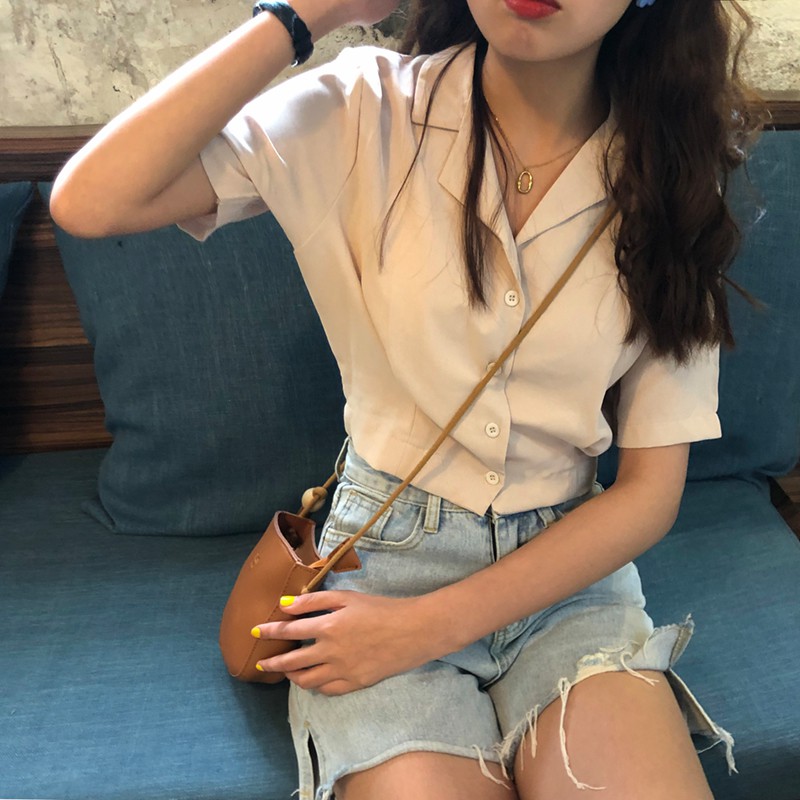 Áo Sơ Mi chiffon Tay Ngắn Dáng Rộng Cổ Chữ V Thời Trang Phong Cách Hàn Quốc Cho Nữ