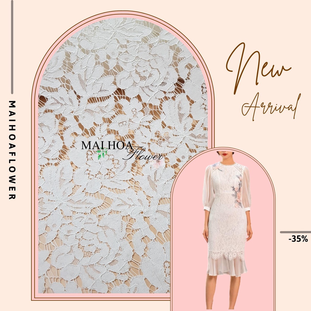 Vải ren hoa trắng dùng may đồ chất ren mềm đẹp có co giãn 150x150cm, Maihoaflower