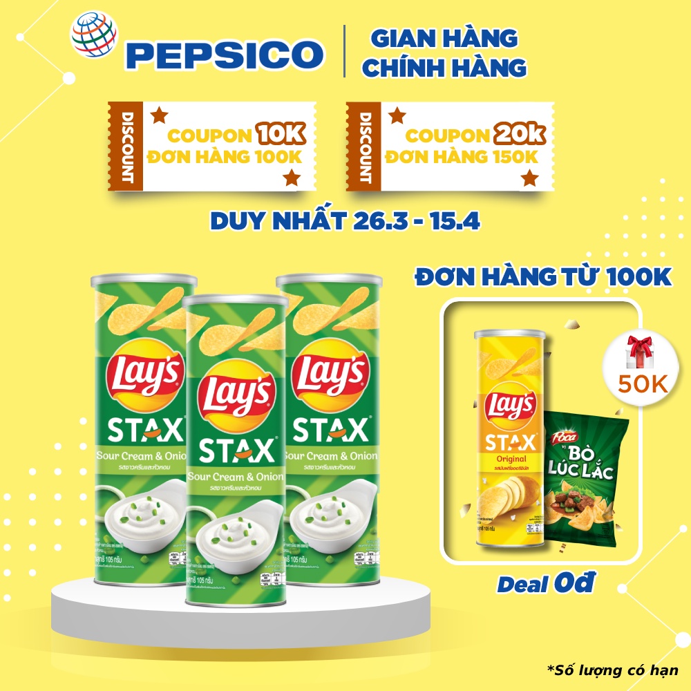 [Mã GRO1APR giảm 20K đơn 150K] Combo 3 Snack Lay's Stax Khoai Tây Nướng Vị Kem Chua và Hành Tây hộp 105G