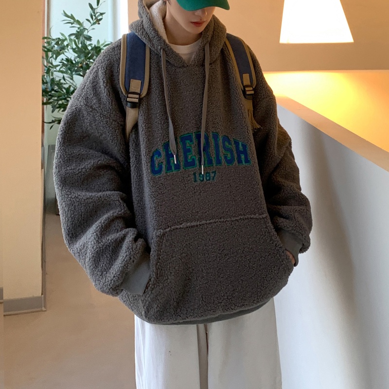 Áo hoodie tay dài dáng rộng thêu chữ chất liệu nhung thời trang cho nam